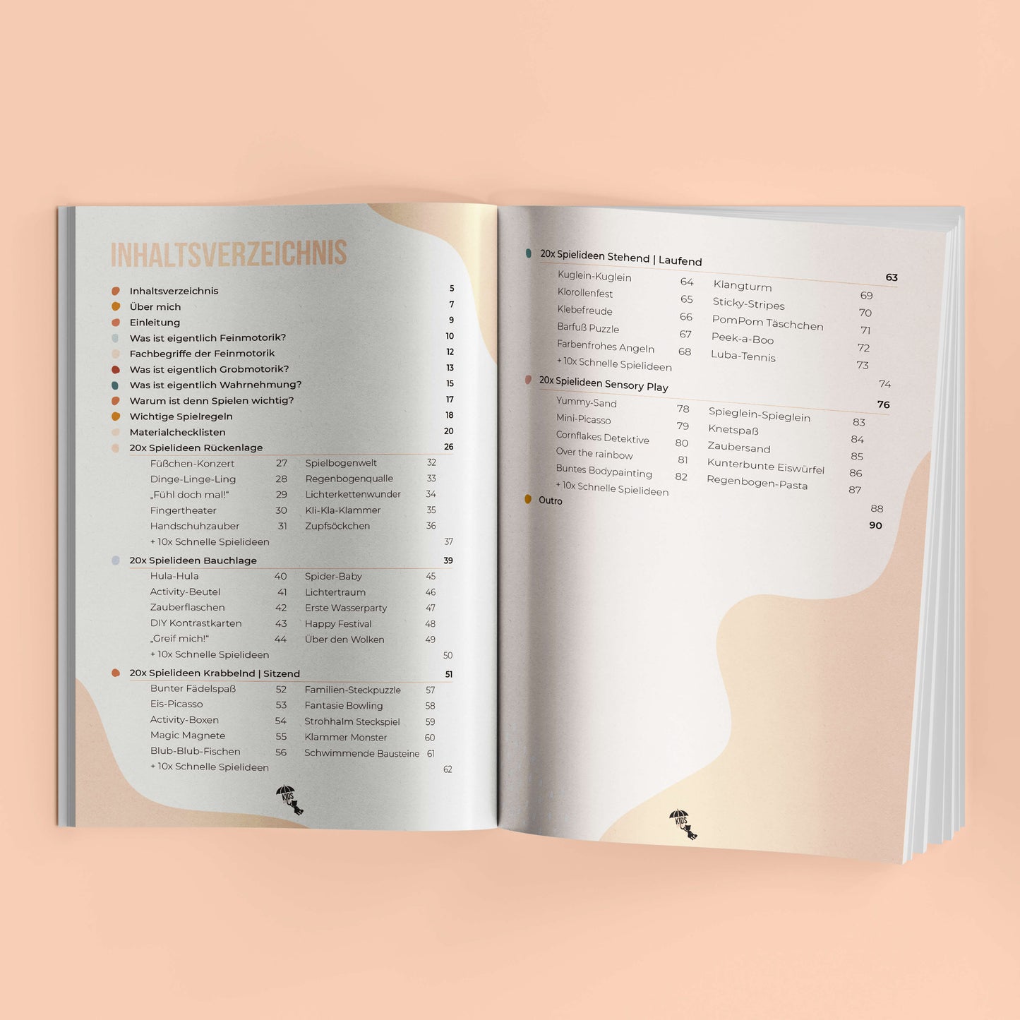 Aufgeschlagenes mykidslounge Buch mit Inhaltsverzeichnis für Spielideen